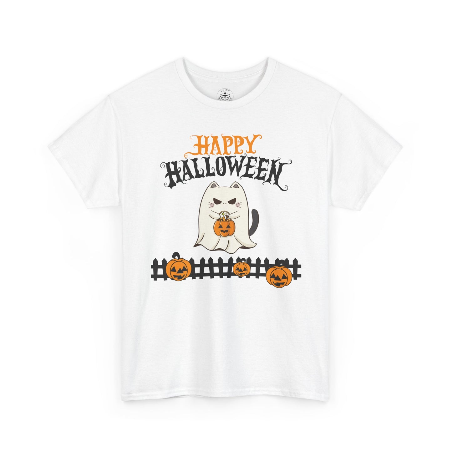 Halloween Cat Heavy Cotton Tee, Unisex, Spooky Fall Apparel, Cat Lover Shirt