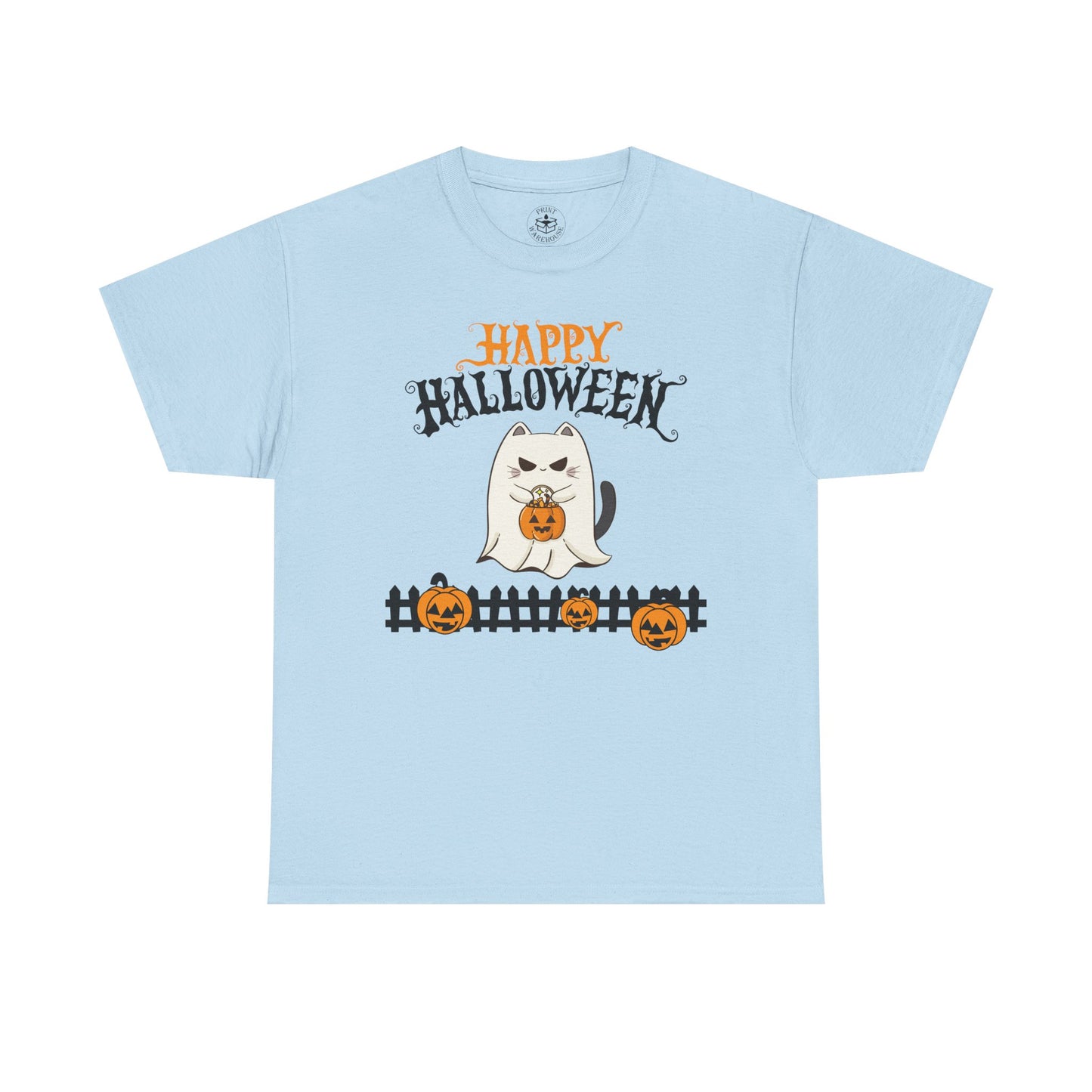 Halloween Cat Heavy Cotton Tee, Unisex, Spooky Fall Apparel, Cat Lover Shirt