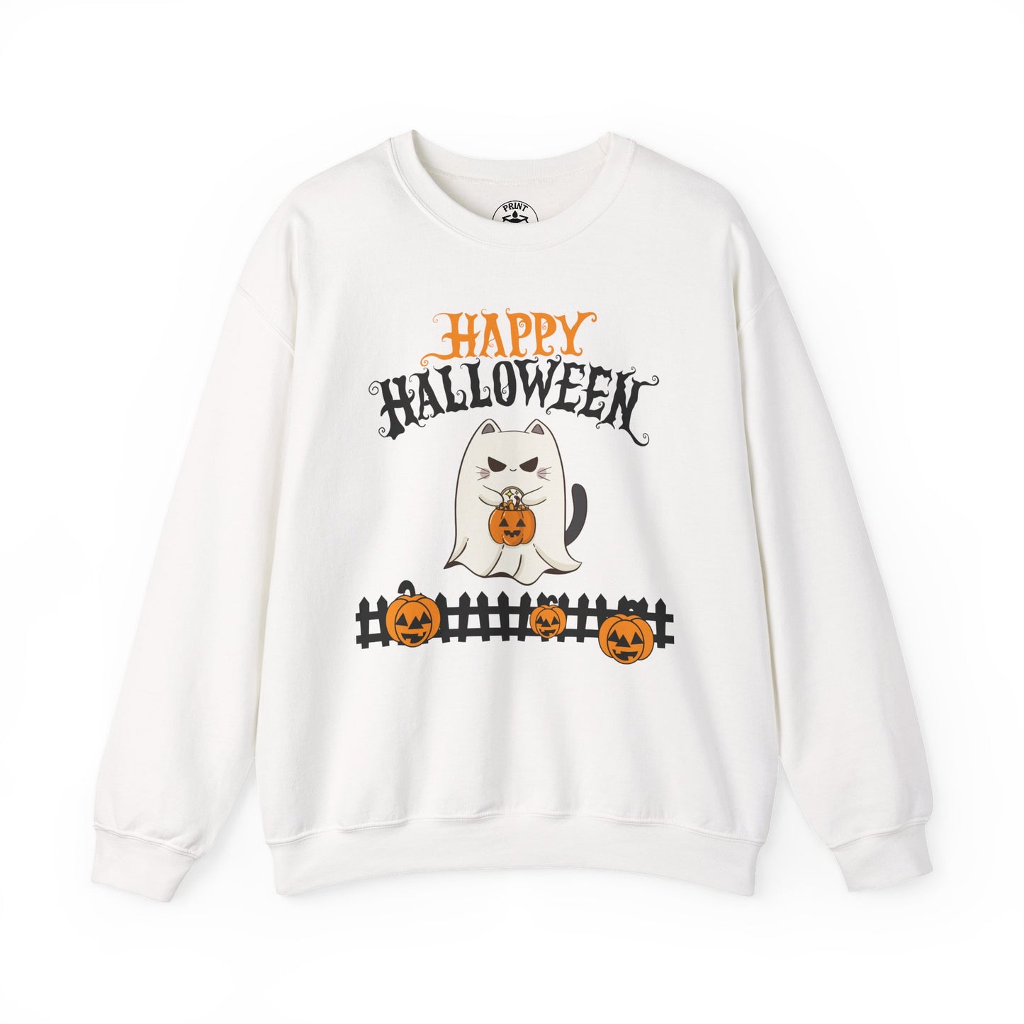 Halloween Cat Crewneck Sweatshirt, Cozy Fall Style, Unisex, Pumpkins, Cute Cat