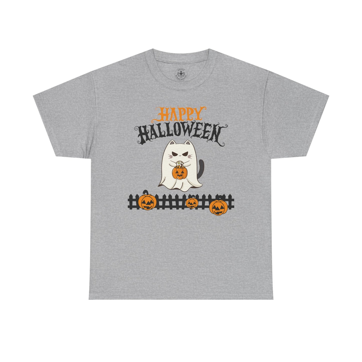 Halloween Cat Heavy Cotton Tee, Unisex, Spooky Fall Apparel, Cat Lover Shirt