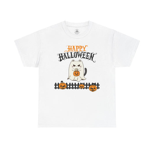 Halloween Cat Heavy Cotton Tee, Unisex, Spooky Fall Apparel, Cat Lover Shirt