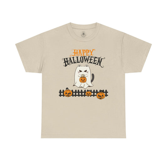 Halloween Cat Heavy Cotton Tee, Unisex, Spooky Fall Apparel, Cat Lover Shirt