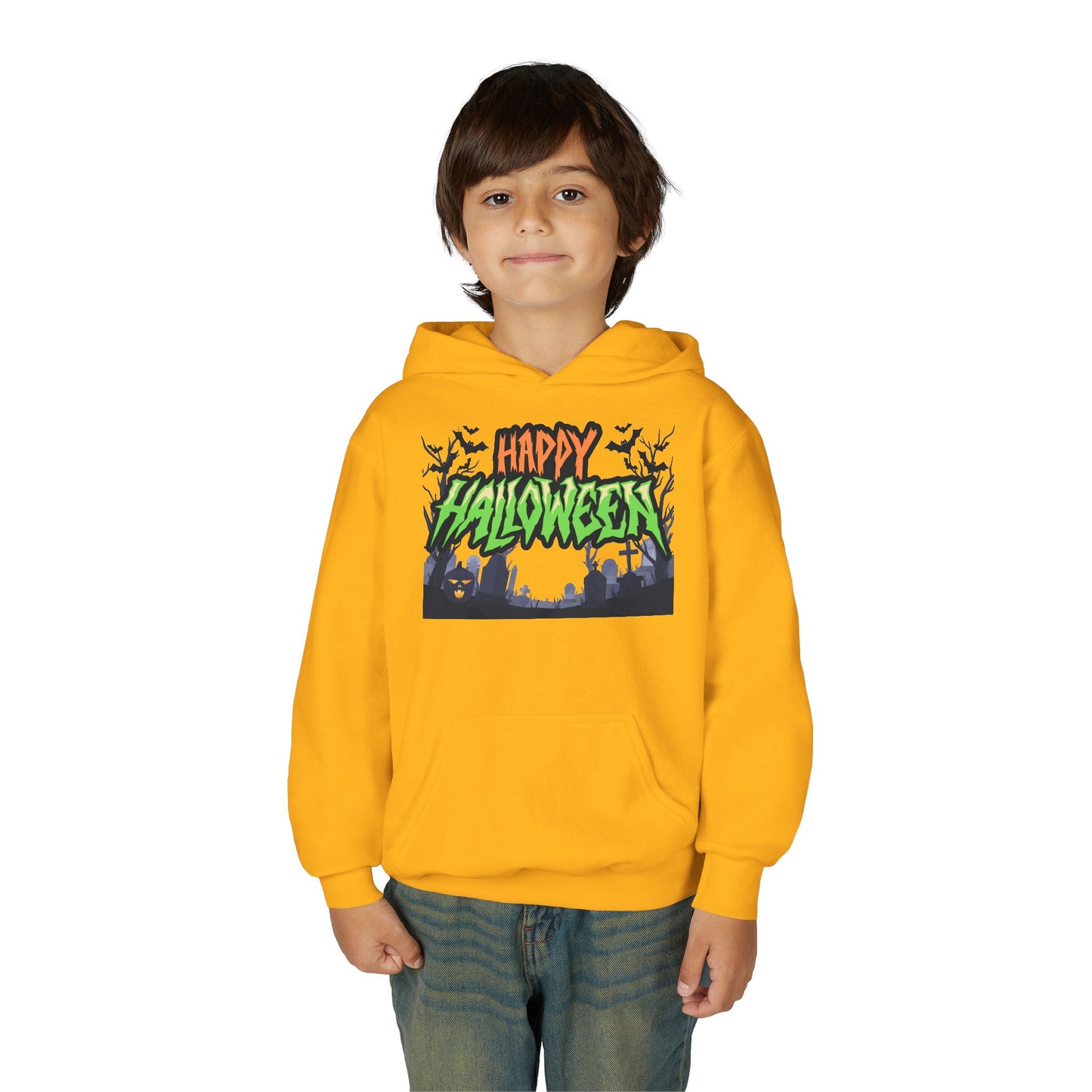 Halloween Youth Hoodie with 'Happy Halloween' Design, Cute Halloween [...]